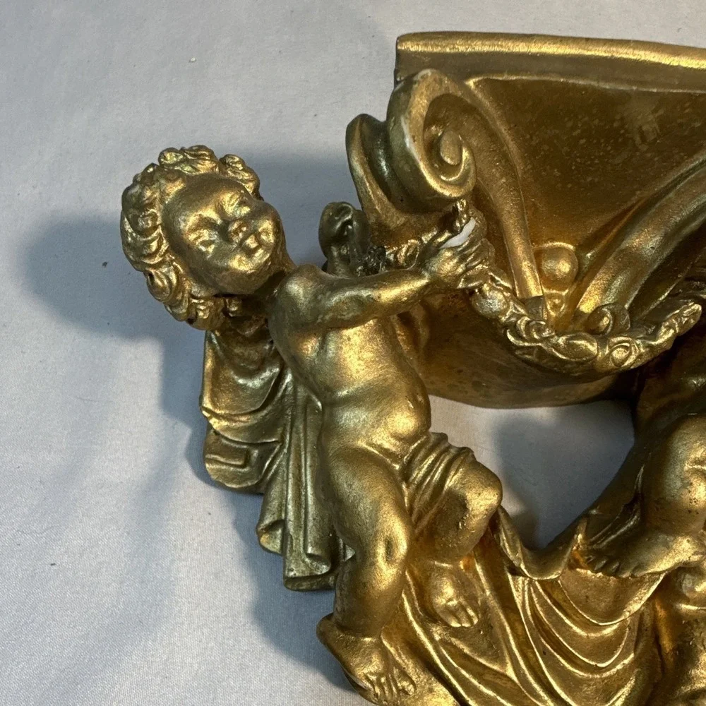 Gold Tone Metal Cherub Angel Wall Shelf Bracket Decor 3D Rococo 6.5in